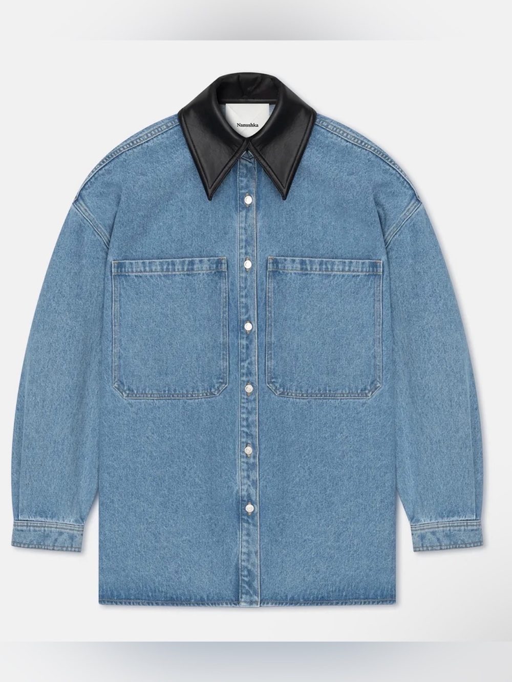 Nanushka Light Blue Denim Shirt Jacket with Black Leather Collar - NWT Size L 💙
